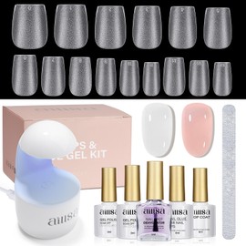 AILLSA Extra Short Coffin Gel Nail Kit 240pcs Full Nail Tips with 2 In 1 Nail Glue Base Top Coat Nail Dehydrator U v Led Lamp, Gel Extension Nail Kit for Beginners Home Salon