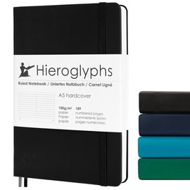 Hieroglyphs Notebook A5 Hardcover, 189 Numbered Pages, 3 Colours, Organiser Index, Pocket, Elastic Closure, 2 Bookmarks, Black
