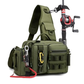 Fishing Tackle Storage Bag – Sling Waist Pack with Adjustable Widen Shoulder Straps, 12 Compartments for Fishing Gear, Lures, Hooks & Accessories Durable & Lightweight for Outdoor Anglers, Army Green