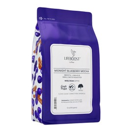 Lifeboost Midnight Blueberry Mocha Whole Bean Coffee - Non-GMO Wild Blueberry Low Acid Single Origin Coffee Beans - Third Party Tested For Mycotoxins & Pesticides - 12 Ounces