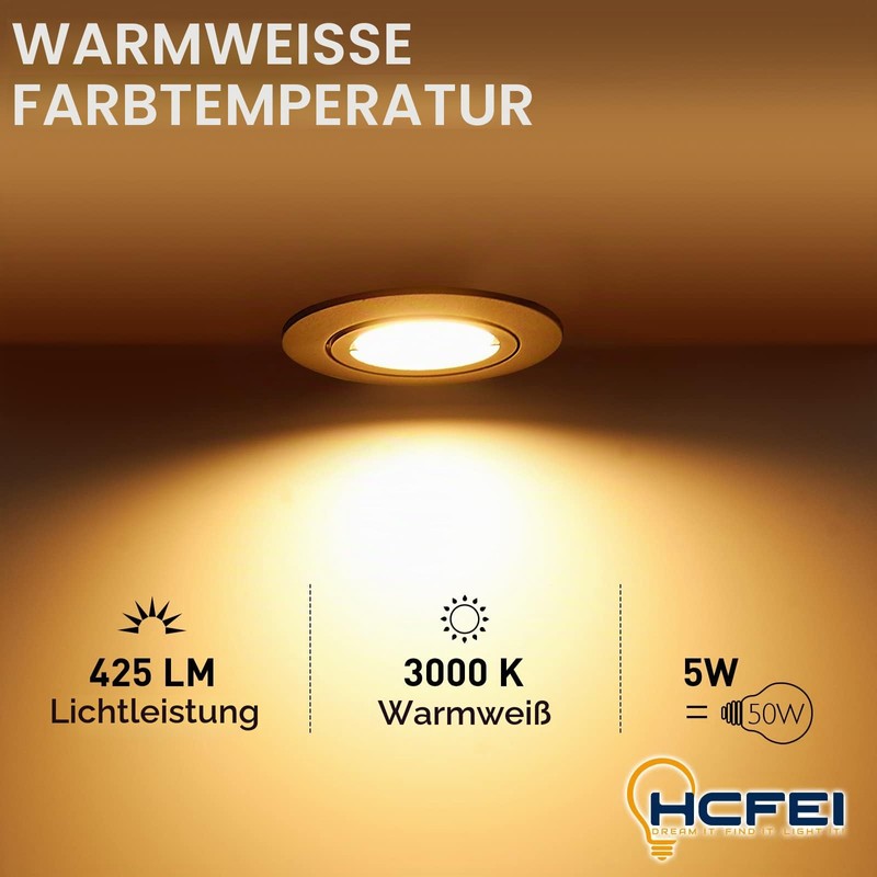 HCFEI LED Recessed Spotlight, Dimmable, Black, Swivelling, 5 W, Flat,