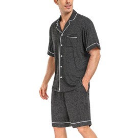 DIKFA Pajama Sets for Men Button-Down Pajama Top Short-Sleeve Sleepwear Soft Pjs Mens 2-Piece Pajamas Set with Shorts Deep Grey