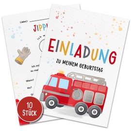 10er-Set Feuerwehr Einladungskarten Kindergeburtstag | DIN A6 | Handgemacht | Partyeinladungen | Party | Geburtstagsparty | Einladungen für Kinder, Jungs und Mädchen
