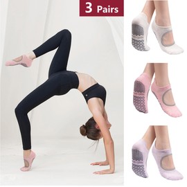 ZenBeya Pilates Socks with Grips for Women, 3 Pairs Yoga Socks for Women Non Slip, Open Top Grippy Socks for Barre Ballet Gym Hospital, White Pink Purple