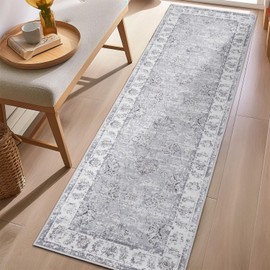 jinchan Runner Rug 2x5 Kitchen Washable Rug Low Pile Vintage Rug Hallway Rug Grey Floral Print Non Slip with Rubber Backing Ultra-Thin Rug Entryway Bathroom Laundry Room Bedroom Farmhouse