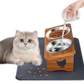 Solid Wood Elevated Cat Bowls with Silicone Food Mat, 15° Tilted Raised Cat Food and Water Dishes, Anti-Vomiting Design, 2 Stainless Steel Bowls for Cats & Small Dogs (Teak)