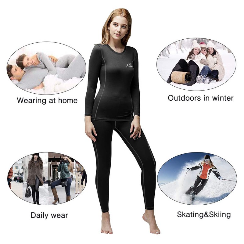 MeetHoo Women's Winter Warm Base Layer Set, Black, Small