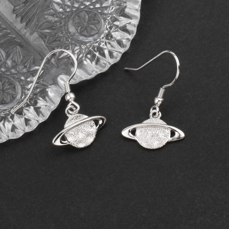 White Gold Plated 925 Sterling Silver Hammered Planet Saturn Dangle