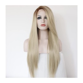 Xiweiya Light Blonde Synthetic Lace Front Wigs With Gold Roots Long Silky Straight Hair Light Golden Blonde Synthetic Lace Front Wigs Soft Women Wigs