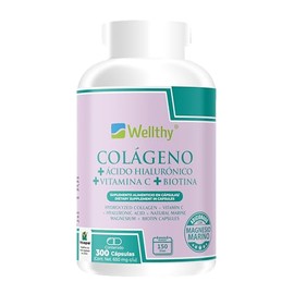 Wellthy Colageno Hidrolizado 300 Cápsulas Reforzacon con Ácido Hialurónico, Vitamina C, Magnesio Marino y Biotina. 150 Porciones para 5 meses de...   