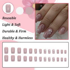 Ceboic Pack of 24 Valentine's Day Nails for Sticking, Short, Square, French Heart Wave Artificial Nails, Glossy Nude Artificial Nails, Press on Nails, Acrylic Stick on Nails for Women and Girls
