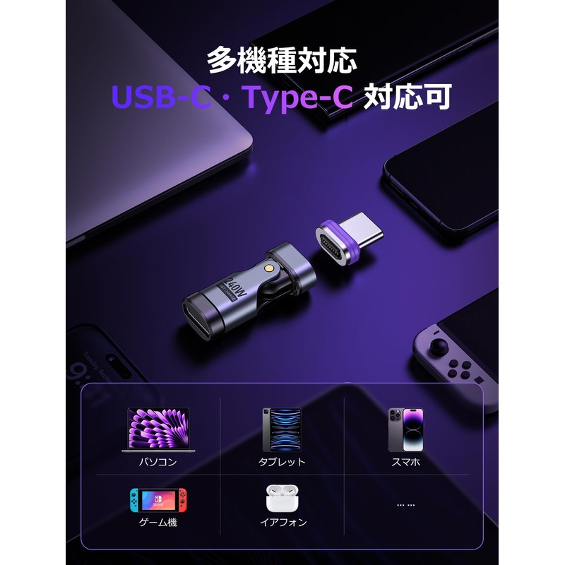 AUFU Magnet, USB-C Conversion Adapter, L-Shaped, 180° Rotation, PD240W, Type