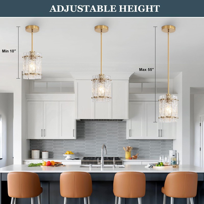 RUIBOOXIN Gold Glass Pendant Lights Kitchen Island, Water Ripple Round