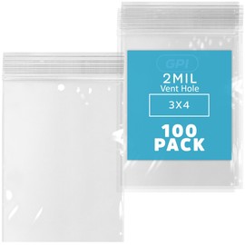 100 Count - 3" x 4" Small Zip Bags with Vent Hole, 2 Mil Thick, Reclosable Poly Zipper Baggies for Packaging Clothing & Apparel, Jewelry, Light Tools or Food Items that need ventilation - GPI