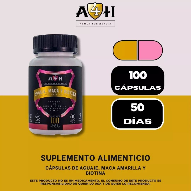 Armor For Health Aguaje Maca Biotina 100 Cápsulas 500mg A4h
