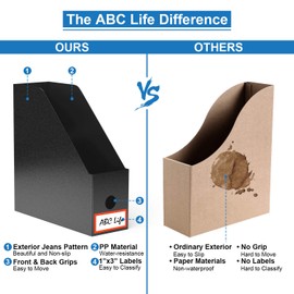 ABC life Plastic Foldable Black Magazine File Holder,6 Pack Desk Organizer with Colored Labels,Heavy-Duty Magazine File Boxes/ Magazine Rack,Home Storage & Office Organization for Paperwork, Folders