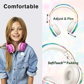 LilGadgets Connect+ Pro - Auriculares con cable para niños, para la escuela con micrófono, limitación de volumen para la oreja con cable, tecnología SharePort y acolchado SoftTouch, teñido anudado