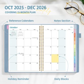 2026 Planner, Annecy Weekly ＆ Monthly Planner 2026, Jan. 2026 – Dec. 2026, 9" x 11" Monthly Agenda Planner with Tabs, Vegan Leather Cover, Spiral Binding, Double-sided Pocket, Bookmark, Grey Blue