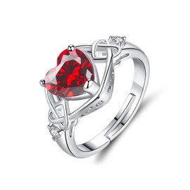 CERSLIMO Silver Rings for Women - Garnet Diamond Heart Rings, 14K White Gold Plated Rings with Dainty Red Crystal, Adjustable Ring | Jewellery for Girlfriend Wife Wedding Gift for Bridesmaid