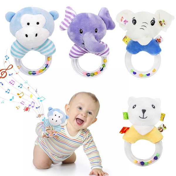 4PCS Baby Rattles 0-6 Months, Baby Soft Rattle Sensory Toys,