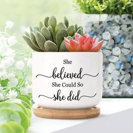 DecStic She Believed, She Could, So She Did Planter Ceramic Bible Verse Round Plant Pots with Drainage Holes and Bamboo Tray Pot for Home Desktop Office Windowsill