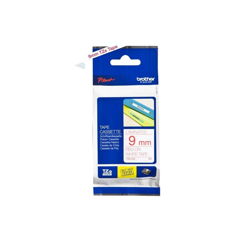 Brother TZe-222 Labelling Tape Cassette, Red on White, 9 mm