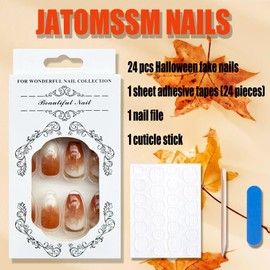 French Tips Press on Nails Medium Length Fall Brown Marble Gradient Design Fake Nails Gold Glitter Edge Full Cover Glue on Nails Artificial Blending Stick on Nails for Women DIY Unique Manicure Kit