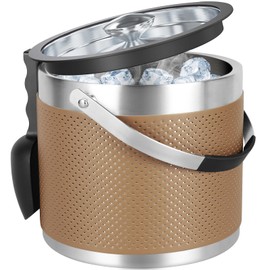 3Quart/3.2L Insulated Ice Bucket with Lid, Scoop, Leather Design Double Wall Stainless Steel Ice Bucket for Cocktail Bar, Parties (Brown)