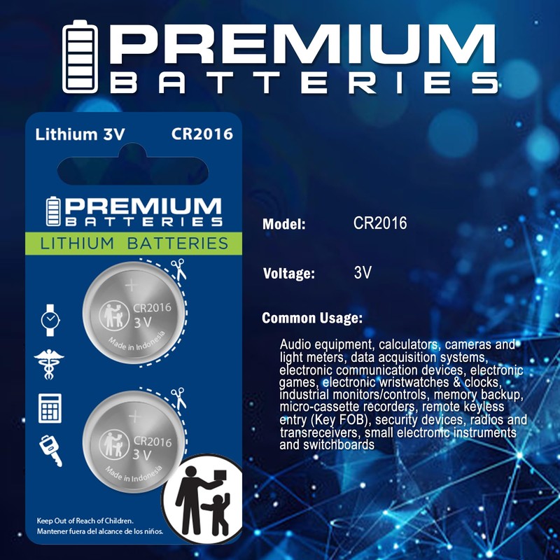 Premium Batteries CR2016 Battery 3V Coin Cell Child-Safe (6 Pack)