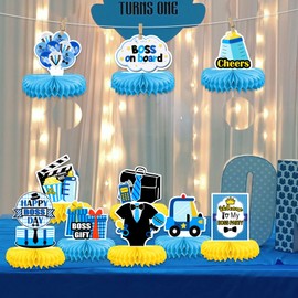 HAPPARTY 10PCS Boss Theme Birthday Table Centerpiece, Blue Black Little Baby Boy Happy Birthday Honeycomb Centerpieces for Newborn Baby Boys Boss 1st 2nd 3rd Bday Party Decorations Supplies