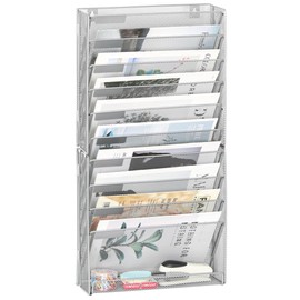 EasyPAG Wall File Holder 10 Tier Mesh Hanging Folder Organizer with Flat Tray Wall Mounted Mail Organizer Magazine Paper Desk Shelf with Nametag Label for Office Home School, Silver