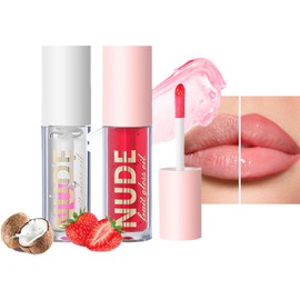 Lip Oil Care Moisturizing Gloss Oils Set, 2PCS Plumping Fruit Balm Lips Glow, Transparent Hydrating Lipstick Lip Masks (Coconut & Strawberry)