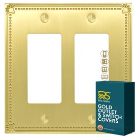 Rio Salto Sunken Pearls Vibrant Yellow Gold Metal Metal Double Rocker Decora Decorator Double Light Switch Outlet Cover Wall Plate Receptacle Beaded Wallplate (Brushed Brass, 2-Gang Rocker)