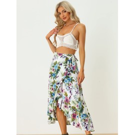 Allegra K Women's Tropical Floral Print Ruffle Self Tie Knot Split Beach Hawaiian Wrap Skirt Large White