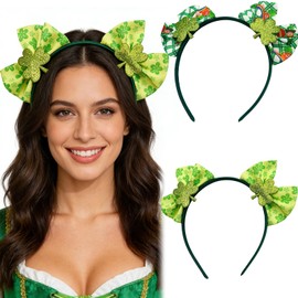 St. Patrick's Day Plaid Bow Headbands, 2 Pieces, Green Glitter, Lucky Shamrock Clover Hair Accessories for Women Girls, Irish Holiday Party (Green glitter,)