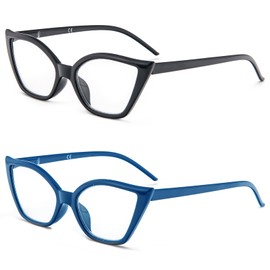 Kodilin Lesebrille für Damen, Anti-Licht, blaues Katzenauge, PC-Brille mit Federscharnier, 1.0 1.5 2.0 2.5 3.0 3.5, Schwarz + Blau, Einheitsgröße
