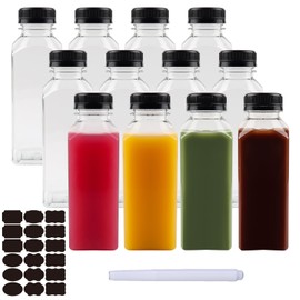 12oz Juice Bottle, Happybase 12 Pack 350ml Plastic Juice Bottles with Tamper Seal Lids, Empty Reusable Bottles for Smoothie,Juice,and Other Beverages(1 Pen, 18 Labels)