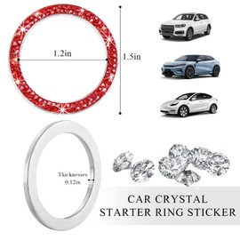 JUSTTOP 2PCS Car Bling Crystal Rhinestone Engine Start Ring Decals, Auto Start Engine Sparkling Key Ignition Knob Sticker, Push Start Button Cover Crystal Bling Ring Emblem Decor (Double, Red)