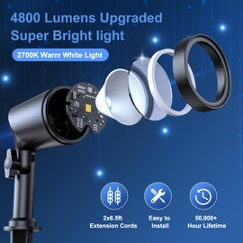 ropelux Landscape Lighting Low Voltage,4800LM Aluminum Super Bright Warm White Led Outdoor Spotlight with 2 Extension Cords, Wired Landscape Spotlights for Garden Yard Tree IP65 Waterproof (6 Packs)