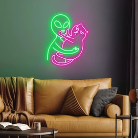 Kavaas Alien Cat Neon Sign, Green Alien Petting Cat LED Light for Game Room, Party, Bar, Man Cave Decor | Alien Neon Light Wall decor - Best Gifts for Alien Fans, Teenage Boys, Kids
