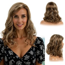 Baiansyy Brown Blonde Highlight Wigs for White Women Short Wavy Curly Bob 18 Inches Shoulder Length Synthetic Wig for Daily Party Use