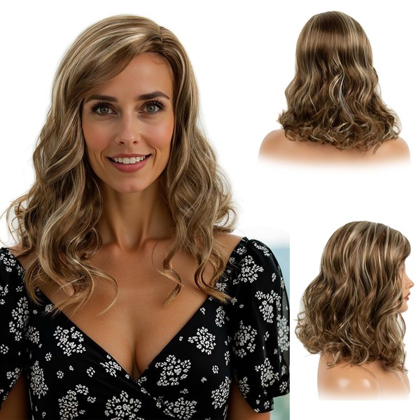 Baiansyy Brown Blonde Highlight Wigs for White Women Short Wavy