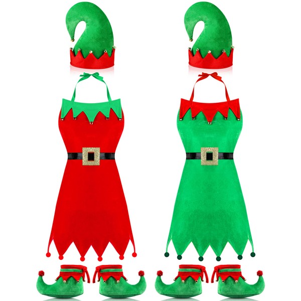 Boyiee 2 Packs Christmas Elf Costume Kits Christmas Elf Apron Hat Shoes Elf Apron Christmas Elf Fabric Apron Elf Hat Santa Elf Hat Elf Shoes for Christmas Elf Party Costume Accessories