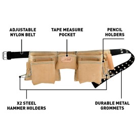 Ox Suede Leather Tool Belt with 3 Pouches and Wide Mouth Pockets - Double-Stitched & Rivet-Reinforced with Adjustable Fit OX-T264312