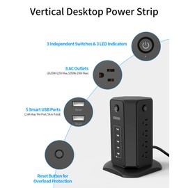 10ft Extension Cord Power Strip Tower, NTONPOWER Flat Plug Surge Protector with 8 Outlets 5 USB Desktop Charging Station, Individual Switches, 1080 Joules, 13A Circuit Breaker for Home Office, Black
