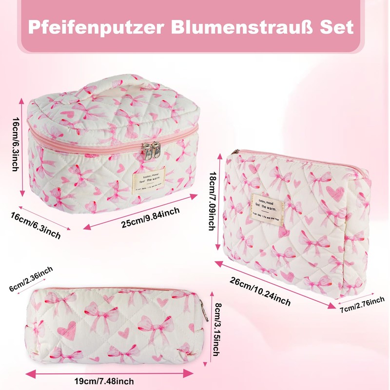 Set of 3 Women's Cosmetic Bags with Bow Pattern, pink,