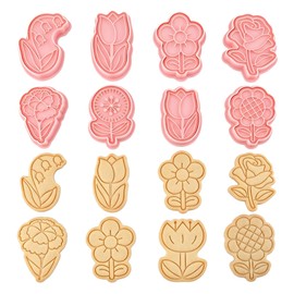 8 Pcs Flower Cookie Cutter Set, 3D Spring Floral Cookie Cutters with Plunger Stamps, Tulip Rose Sunflower Lily of the Valley Carnation Shapes, Plastic Cookie Mold for Mother's Day, Easter