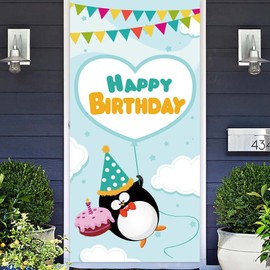 Cute Cartoon Penguin Happy Birthday Banner Backdrop Background Photo Props Animal Theme Decor for Winter Christmas Girl Princess Boy 1st Birthday Party Toddler Baby Shower Favors Supplies Decorations