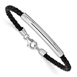 Jewels By Lux Sterling Silver Rhodium-plated Braided Black Leather Bracelet