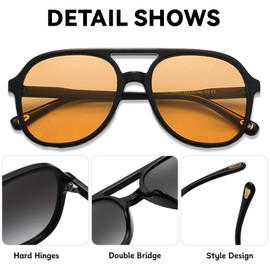 LOJUDI Retro 70s Sunglasses Mens Womens - Polarised Tinted Pilot Vintage Square Double Bridge Glasses UV400 Protection-Black/Orange Yellow